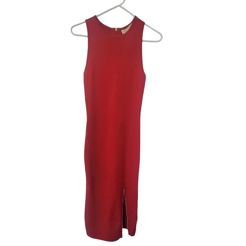 Michael Kors Midi Dress Womens Small Crimson Red NWT Crystal Slit Bombshell Luxe